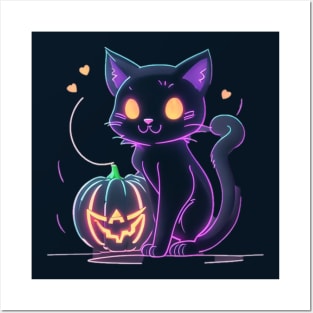 neon cat pumpkin Posters and Art